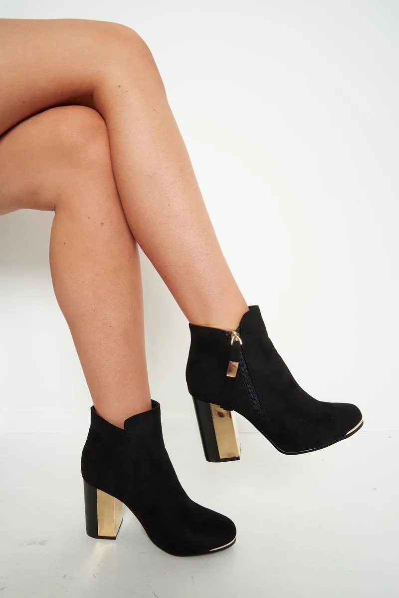 Black Faux Suede Gold Detail Heeled Boots - Kruze