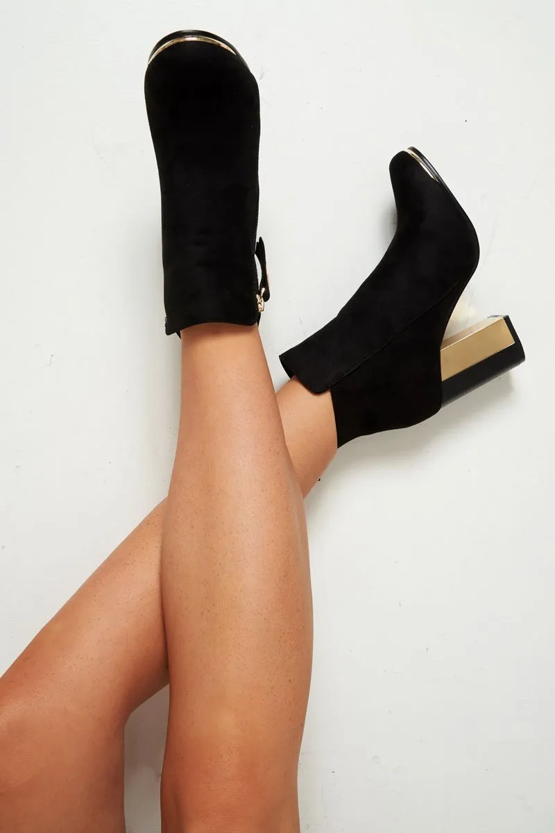 Black Faux Suede Gold Detail Heeled Boots - Kruze