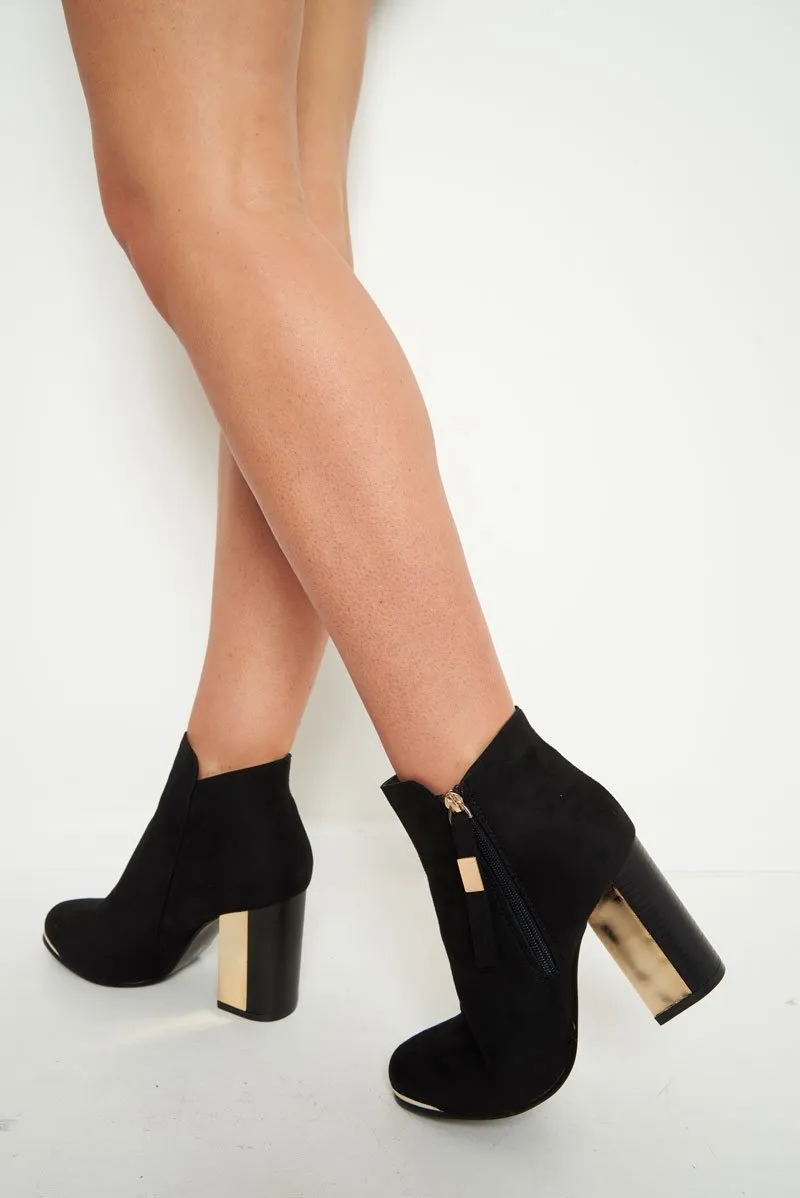 Black Faux Suede Gold Detail Heeled Boots - Kruze