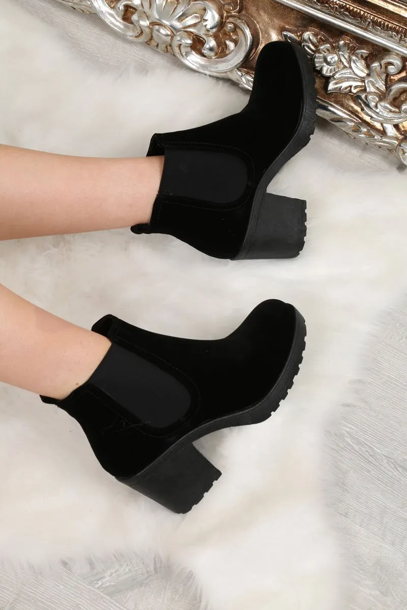 Black Faux Suede Heeled Ankle Boots - Athina