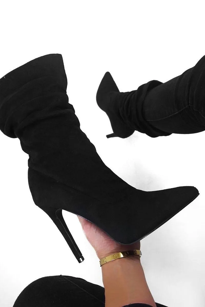 Black Faux Suede Slouchy Heeled Ankle Boots - Leightyn