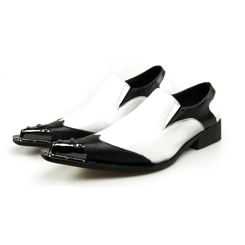 Black Metal Pointed Toe Classic Black and White Genuine Leather Patchwork Men Loafer Shoes