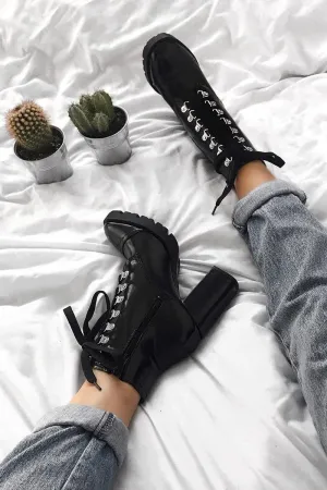 Black Patent Lace Up Heeled Boots - Jalea