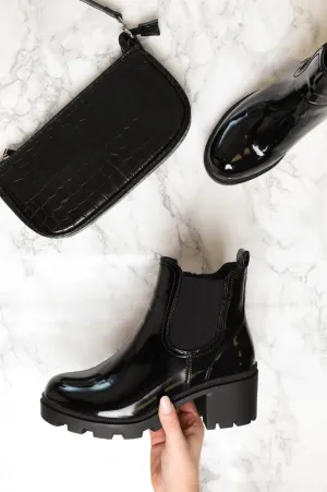 Black Patent Leather Chunky Heeled Chelsea Boots - May