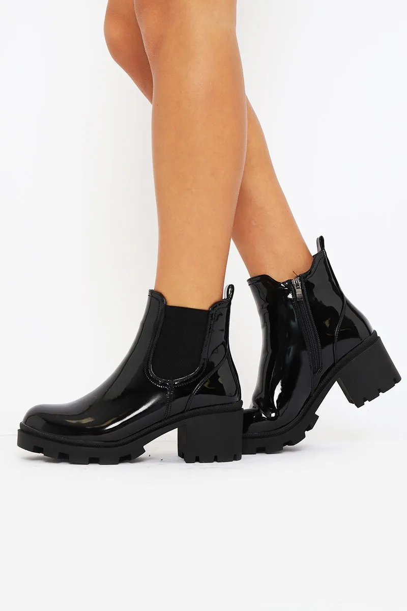 Black Patent Leather Chunky Heeled Chelsea Boots - May