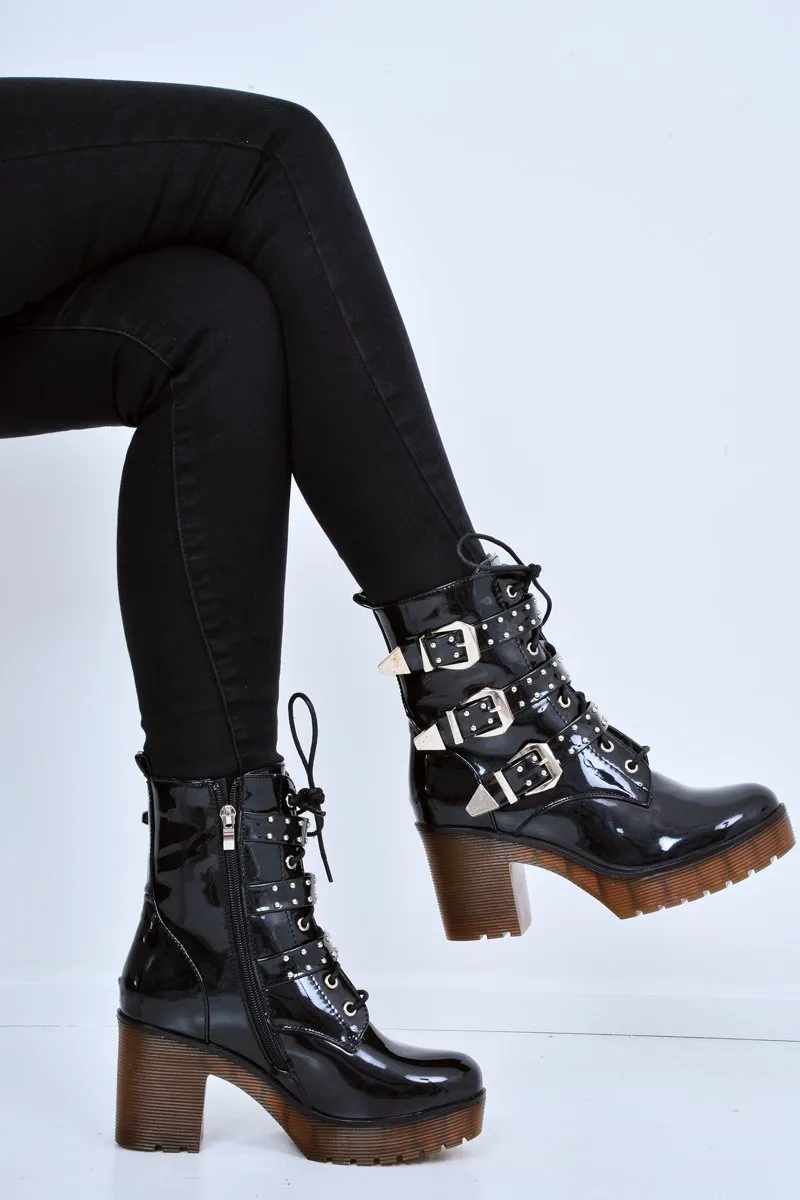 Black Patent Stud Buckle Detail Chunky Heeled Boots - Isra