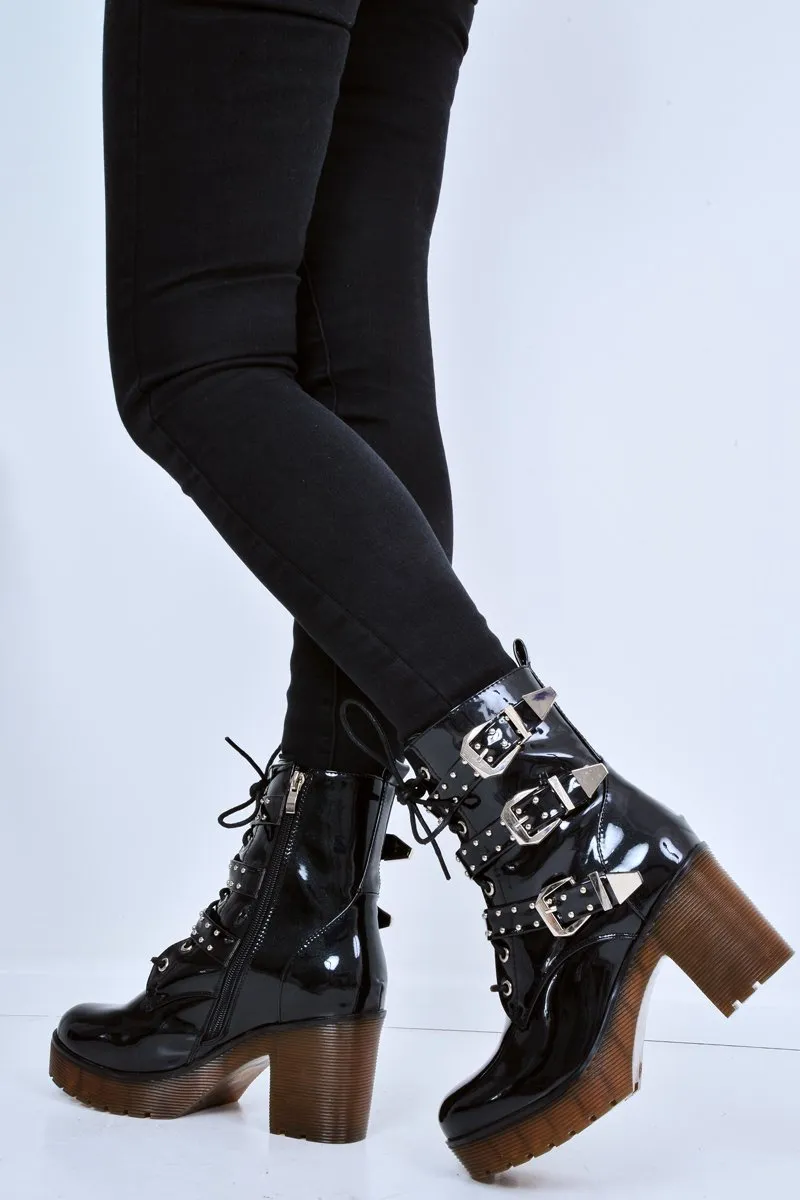 Black Patent Stud Buckle Detail Chunky Heeled Boots - Isra