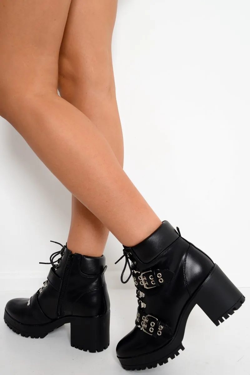 Black PU Hiker Buckle Heeled Boots - Huntleigh