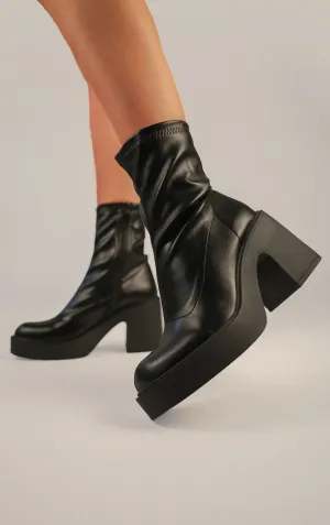 Black PU Leather Block Heel Sock Boot