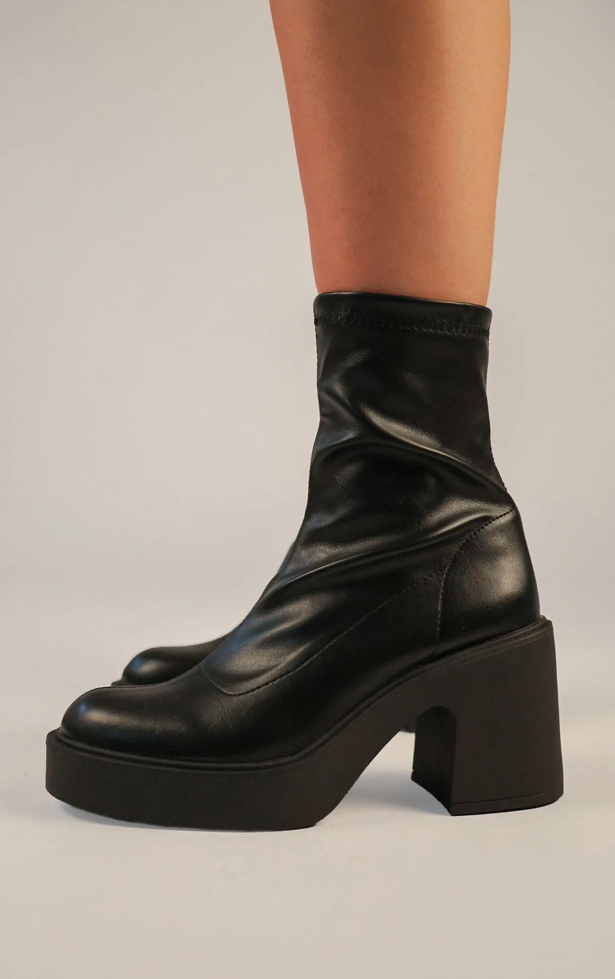 Black PU Leather Block Heel Sock Boot