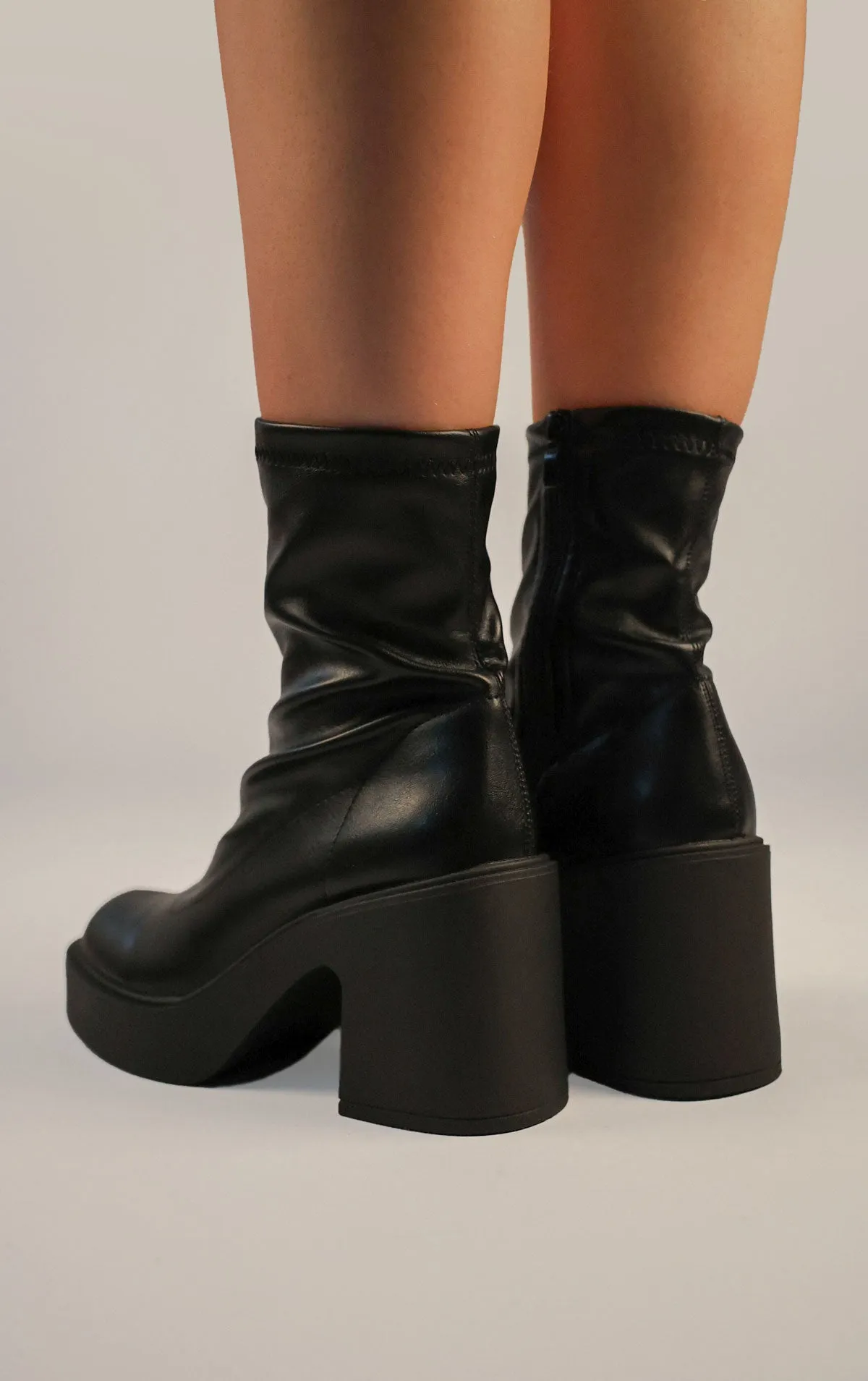 Black PU Leather Block Heel Sock Boot