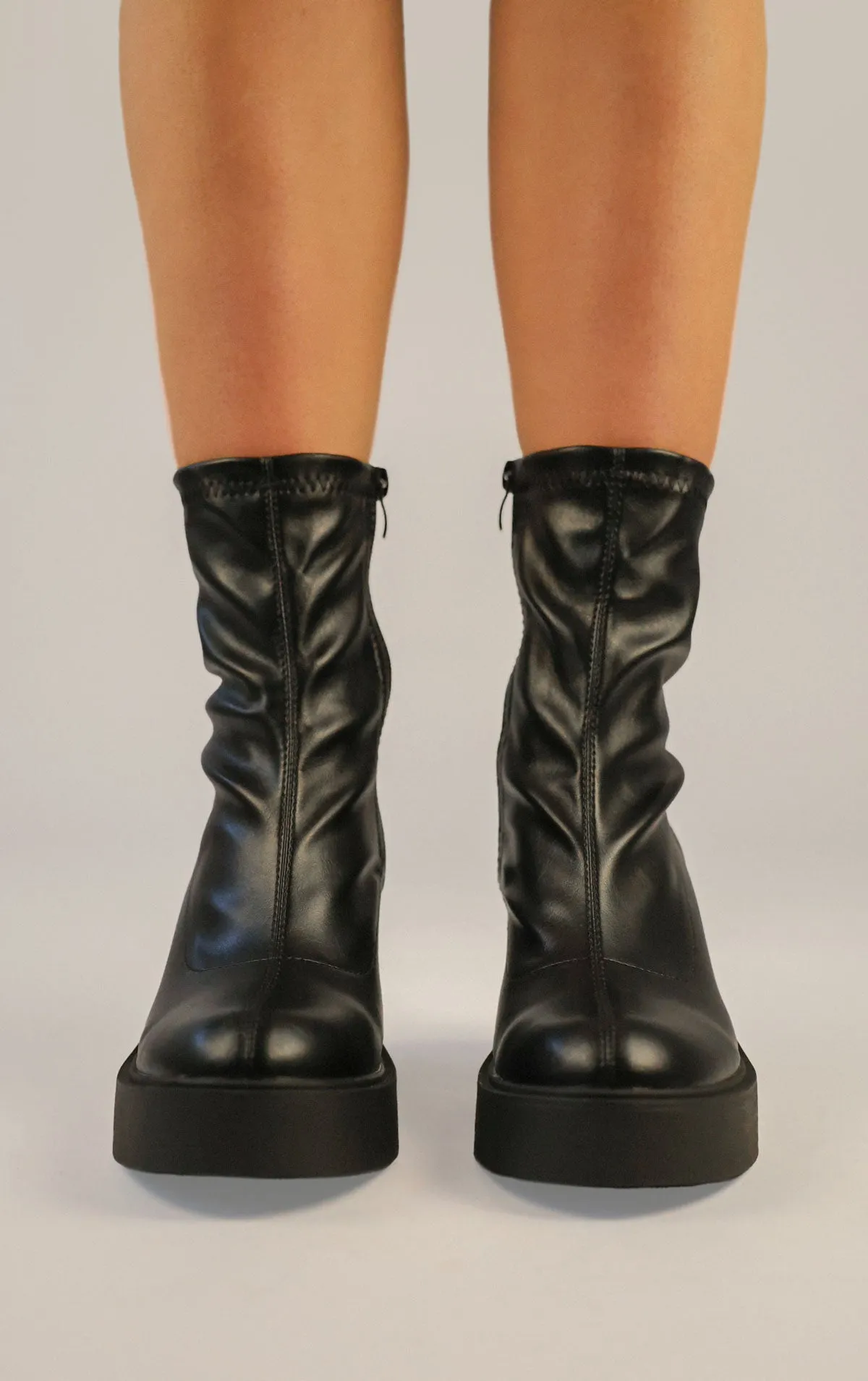 Black PU Leather Block Heel Sock Boot