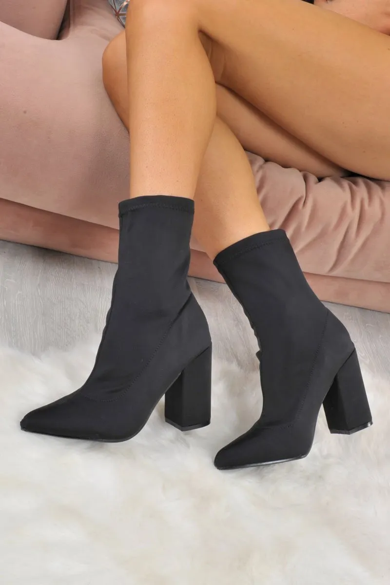 Black Stretchy Block Heeled Boots - Emari