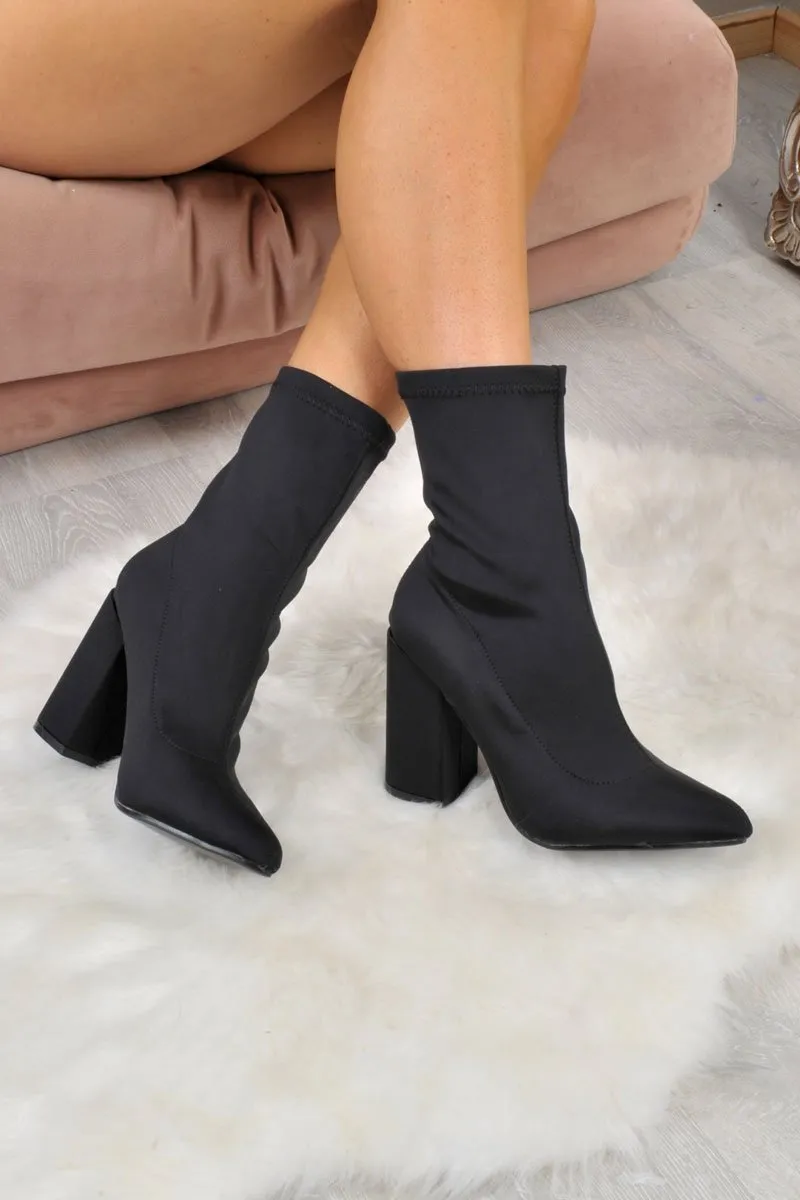 Black Stretchy Block Heeled Boots - Emari