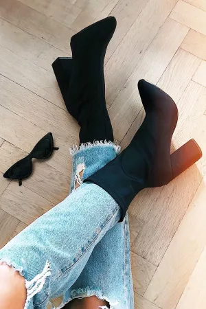 Black Stretchy Block Heeled Boots - Emari