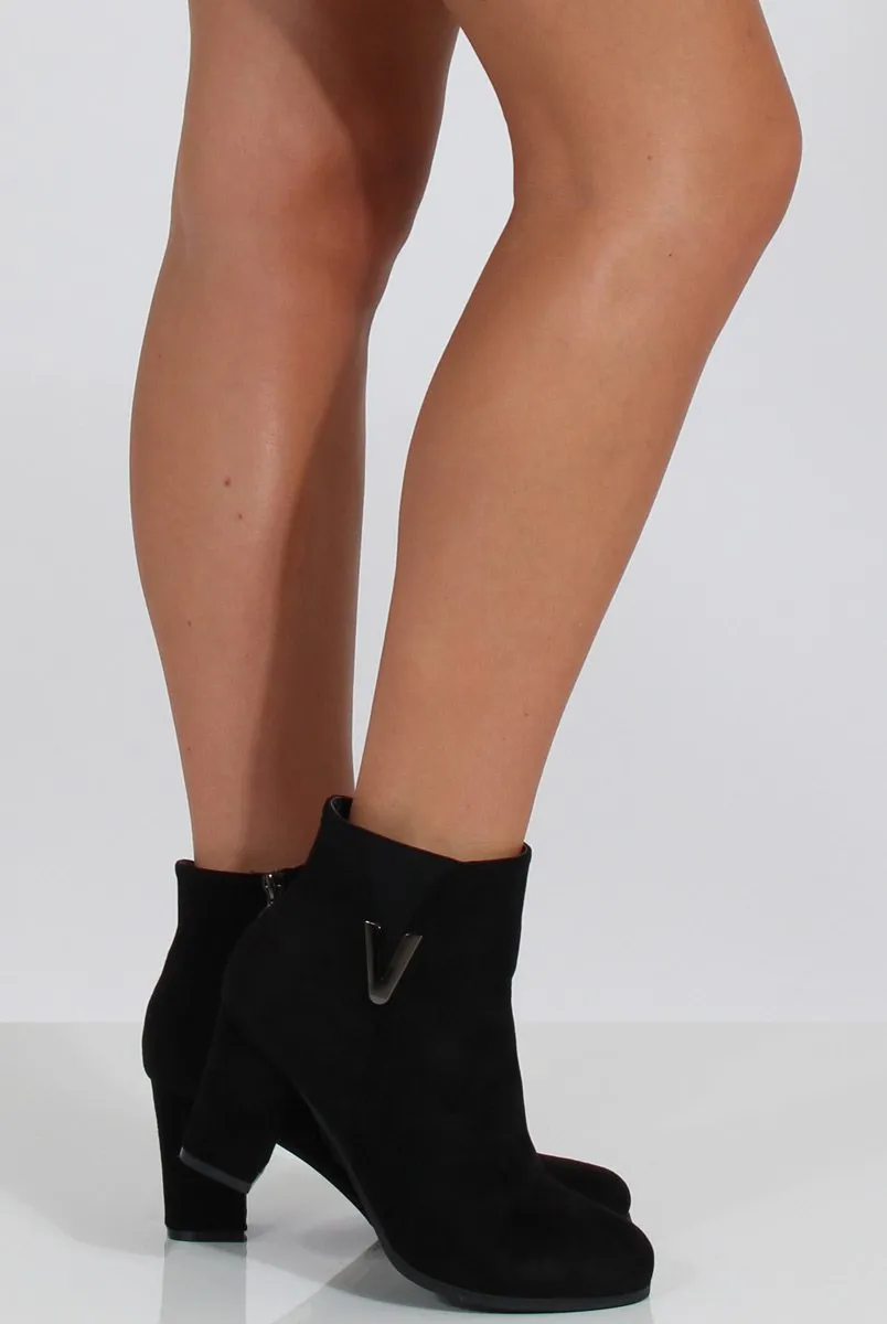 Black Suede Heeled Boots with Metal Detailing - Nia