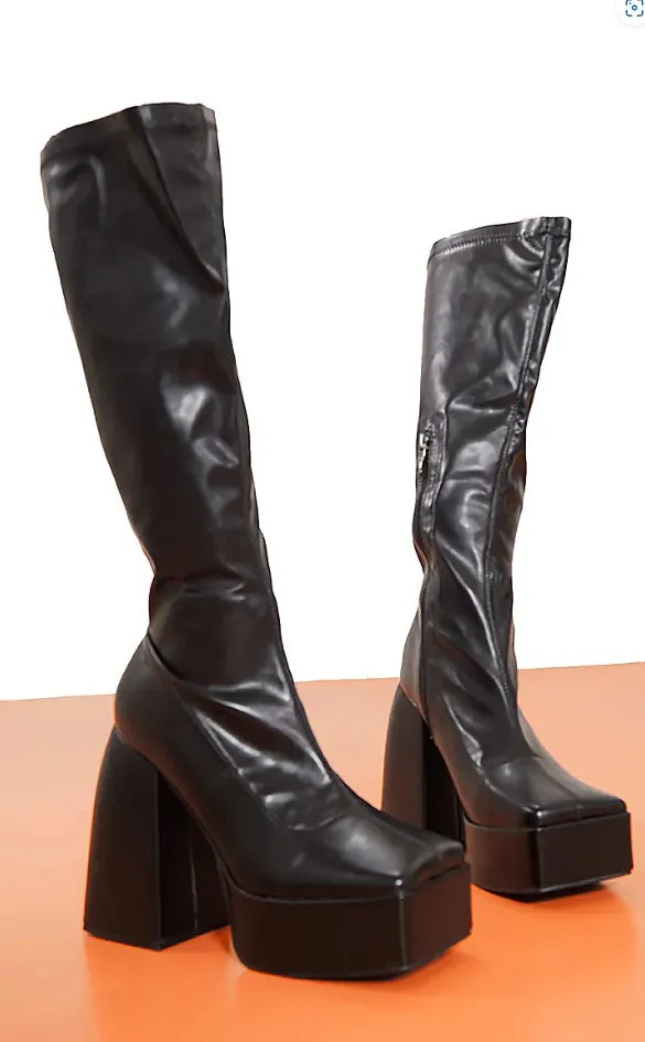 Black Wide Fit Slight Platform High Block Heeled Knee Boots