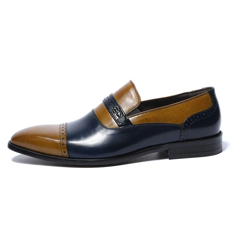 Blue Brown Men Loafers Formal Shoes With Perforated Detail