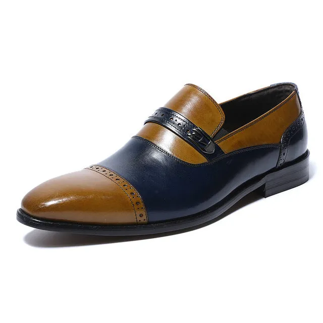 Blue Brown Men Loafers Formal Shoes With Perforated Detail