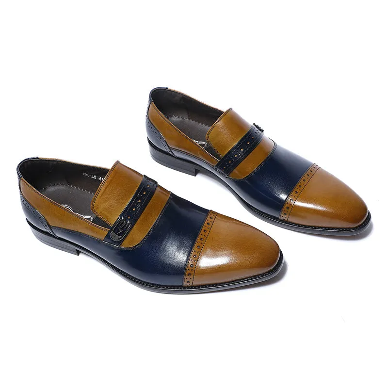 Blue Brown Men Loafers Formal Shoes With Perforated Detail