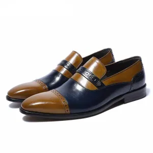 Blue Brown Men Loafers Formal Shoes With Perforated Detail