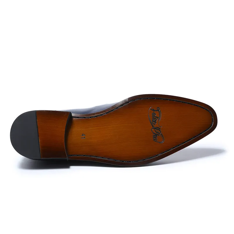 Blue Brown Men Loafers Formal Shoes With Perforated Detail