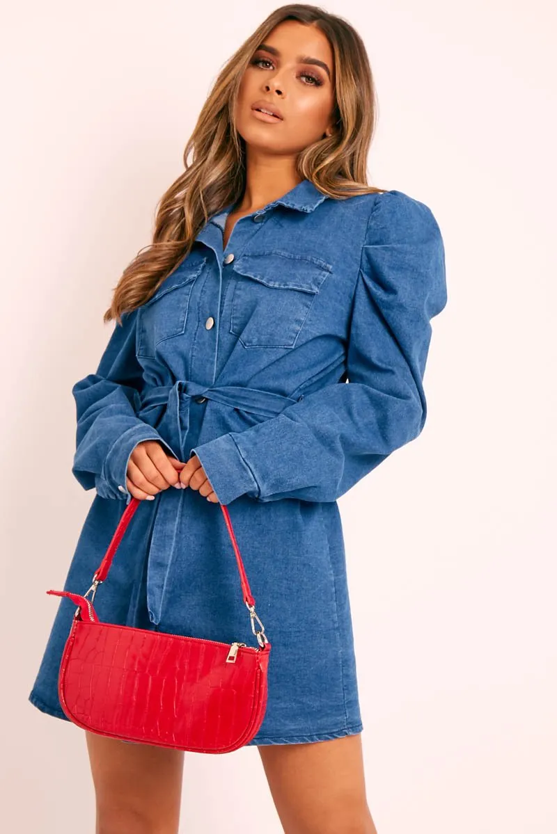 Blue Denim Puff Sleeve Belted Shirt Dress - Feyza