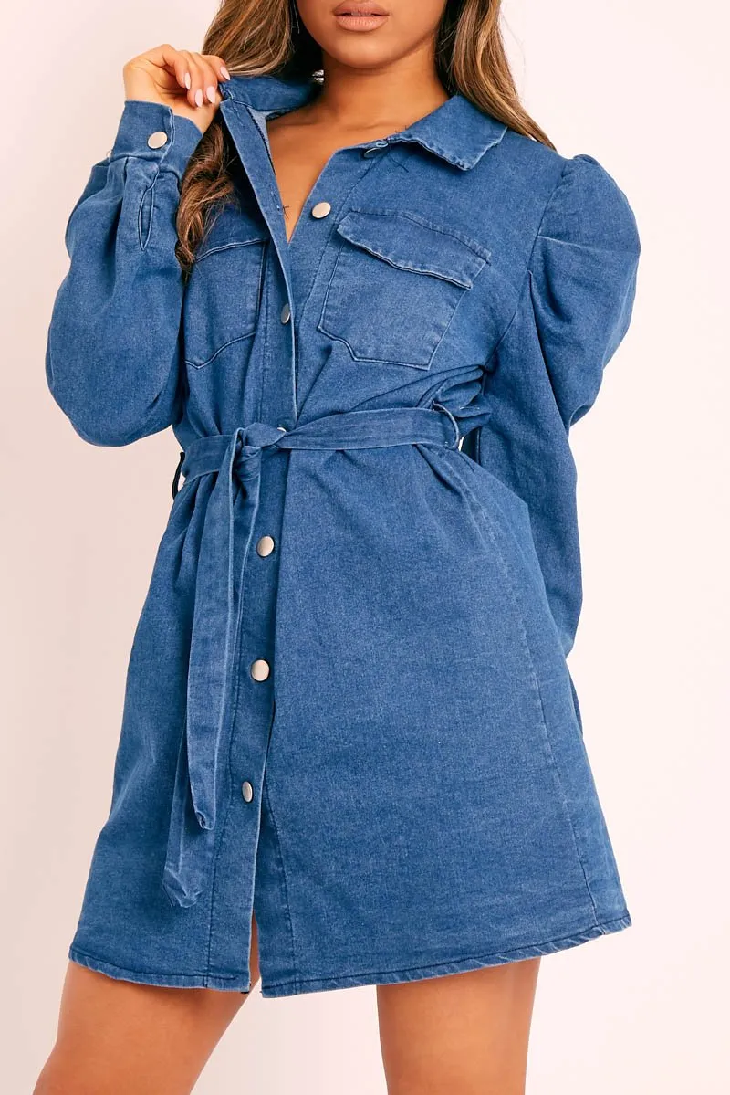 Blue Denim Puff Sleeve Belted Shirt Dress - Feyza