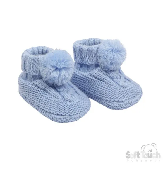 Blue 'Elegance' Cable Knit Bootees w/Pom Pom : ABO12-B