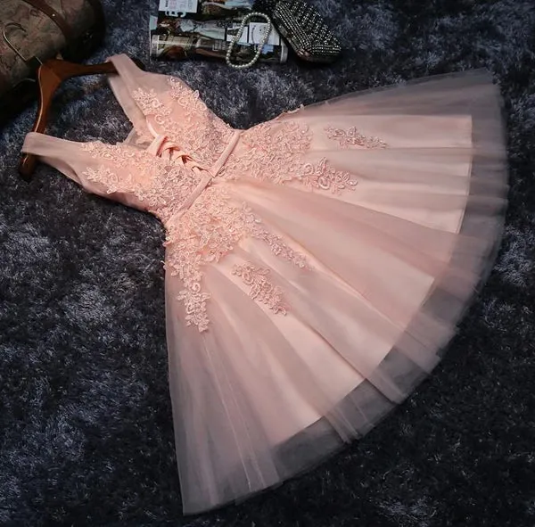 Blush Pink Lace Appliqued Tulle Homecoming Dresses,Formal Dress