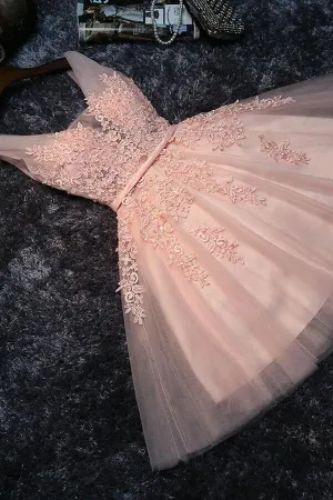 Blush Pink Lace Appliqued Tulle Homecoming Dresses,Formal Dress