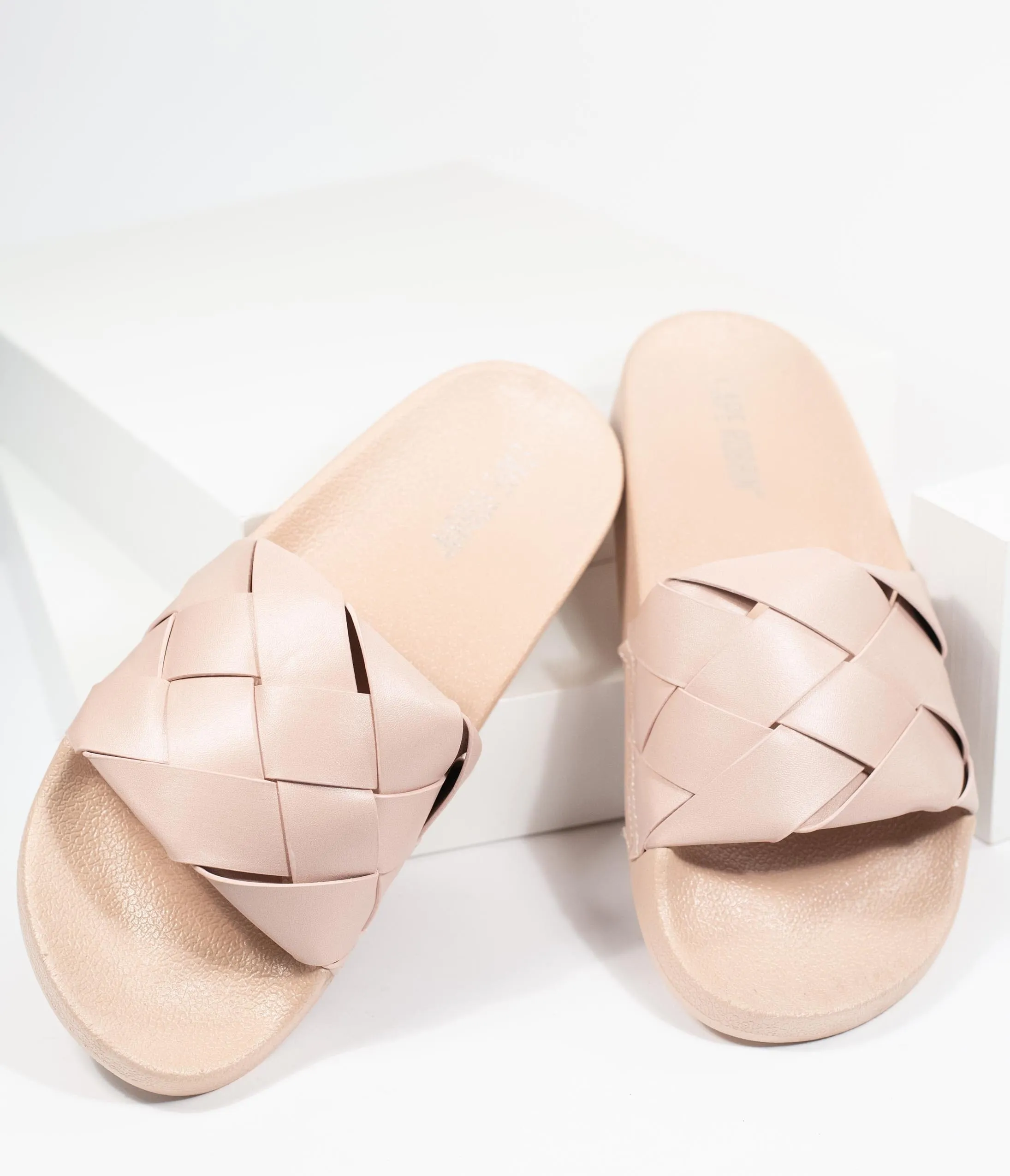 Blush Pink Leatherette Woven Slide Sandals