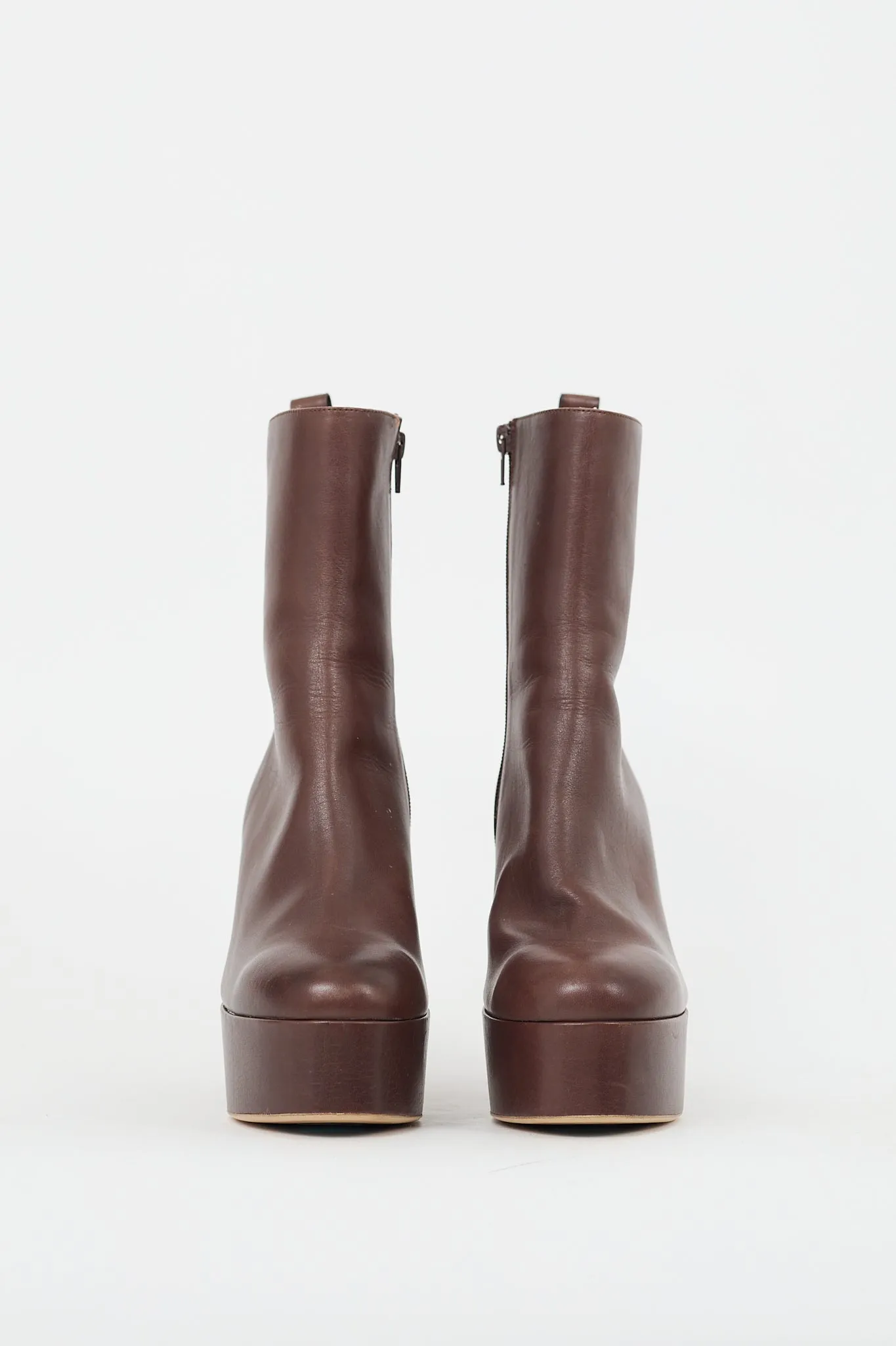 Brown Leather Platform Heeled Boot