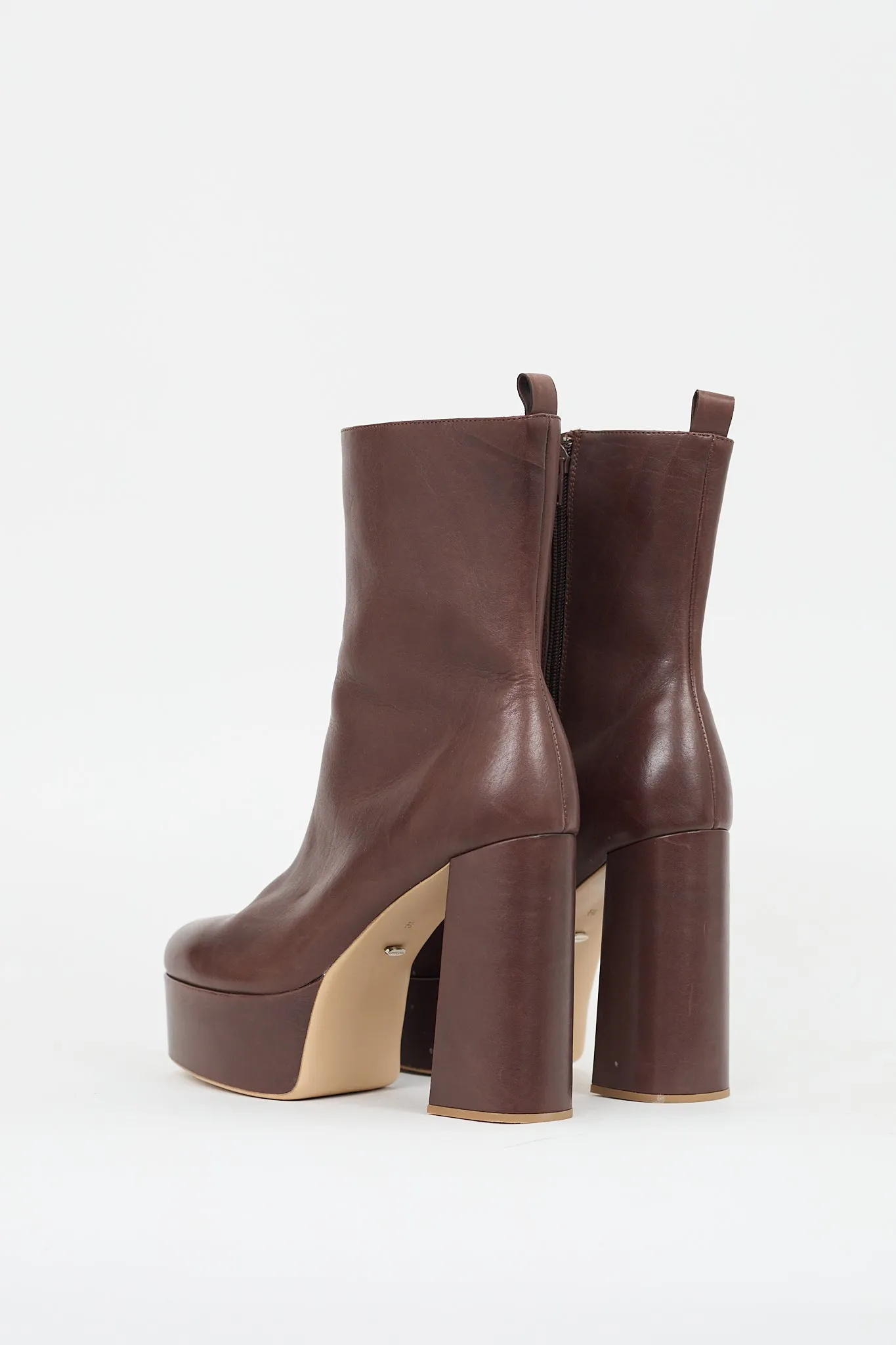 Brown Leather Platform Heeled Boot