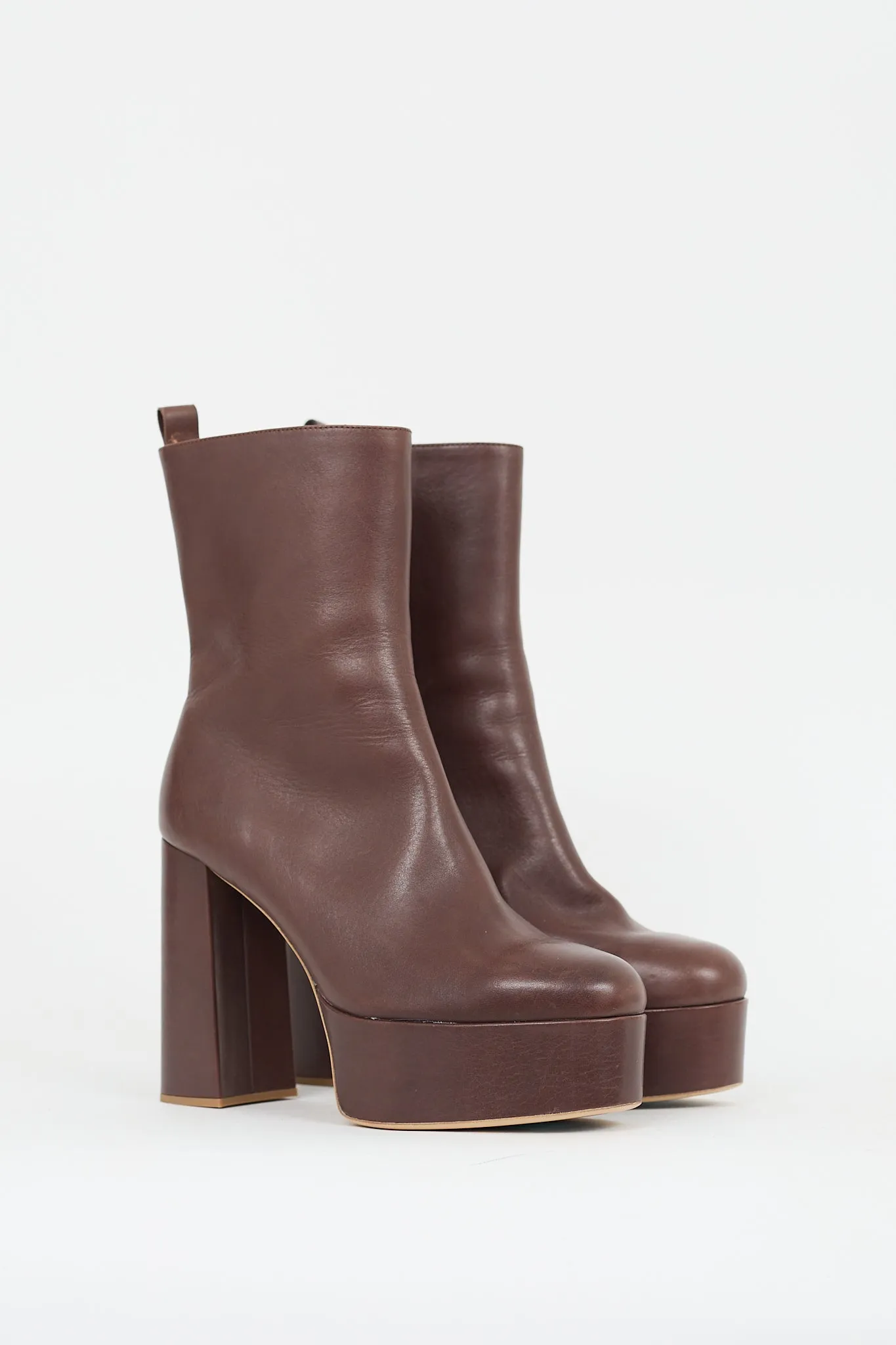 Brown Leather Platform Heeled Boot