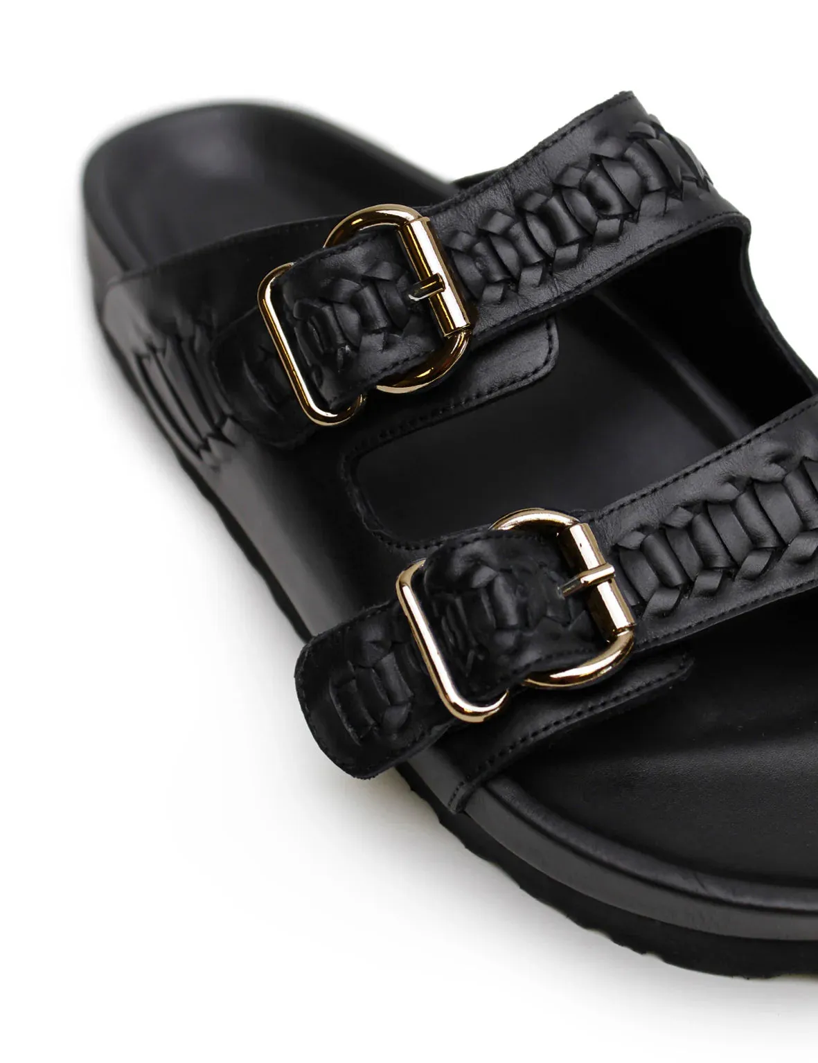 Buckle Sandal | Woven Black & Gold