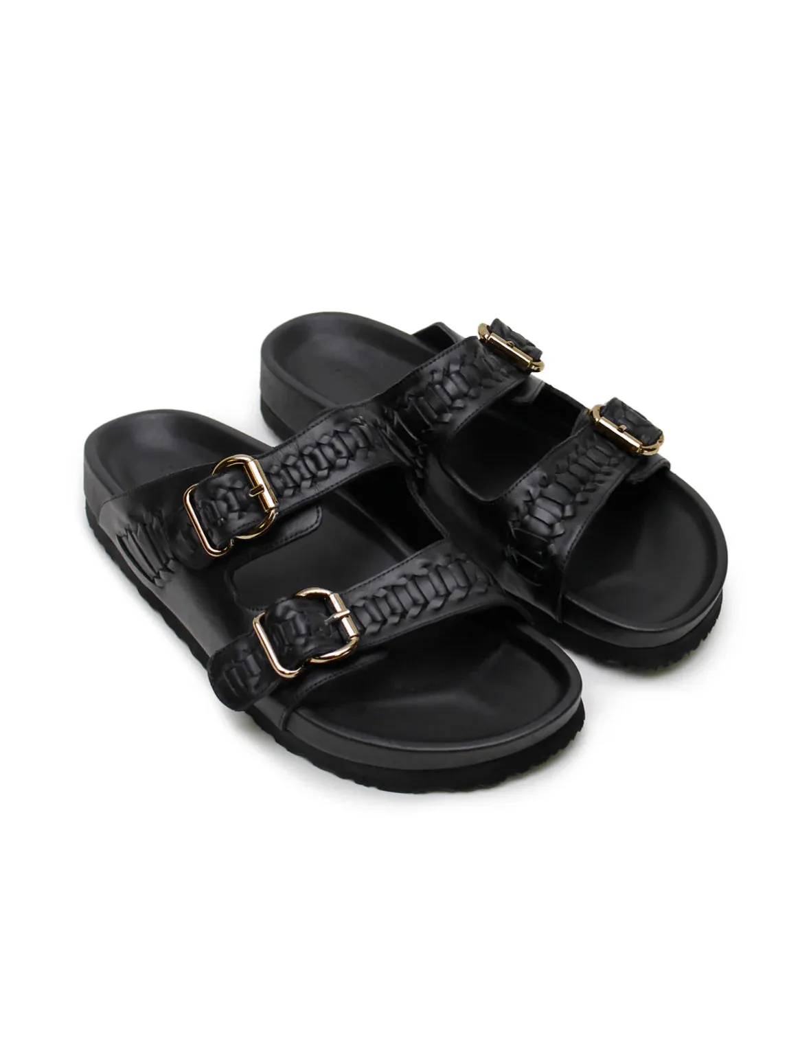 Buckle Sandal | Woven Black & Gold