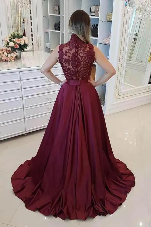 Burgundy High Neck Lace Bodice Princess Floor Length Long Prom Dress PG921