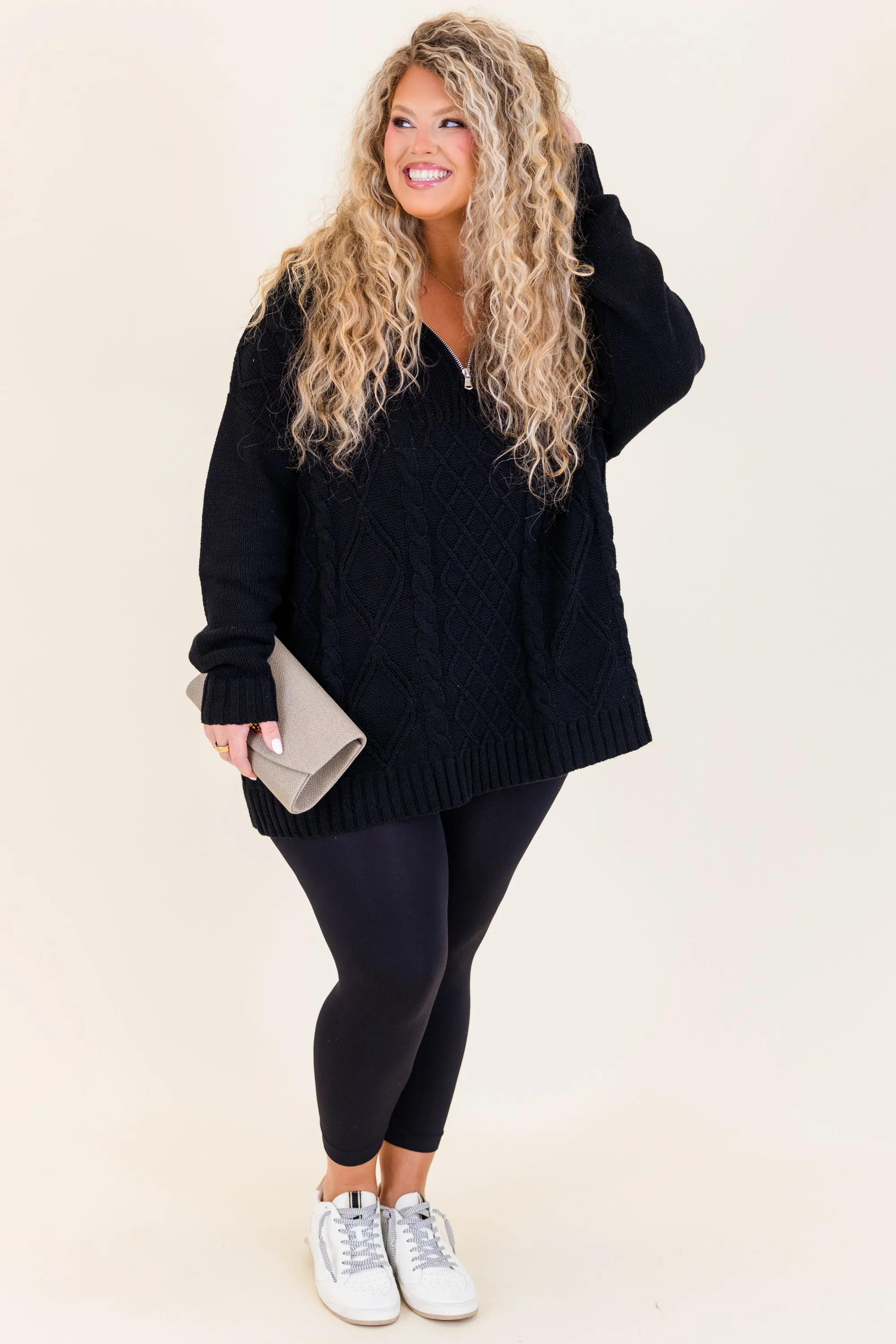 Cable Knit Classic Sweater, Black