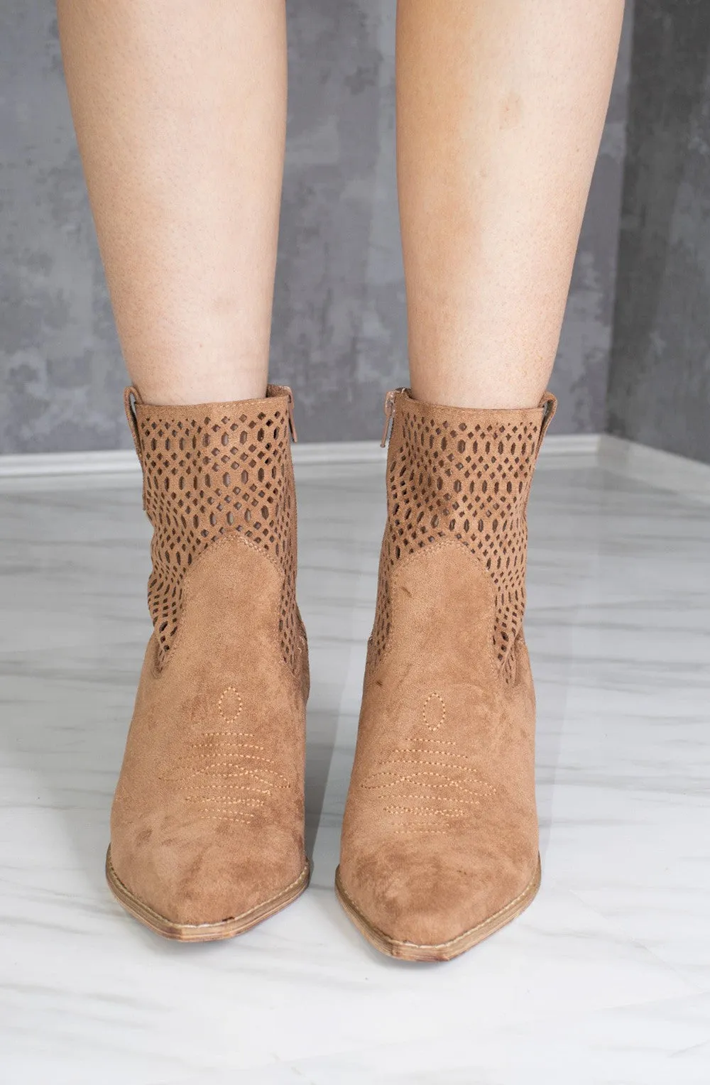 Camel Cut Out Ankle Length Cowboy Boot