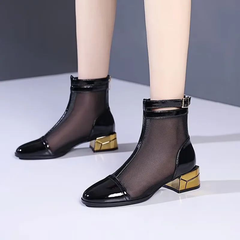 Chic Mesh Round Toe High Heeled Boots