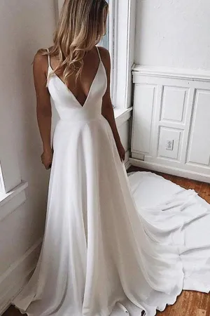 Chiffon A-line V-neck Lace Spaghetti Straps Wedding Dress with Sweep Train WD343