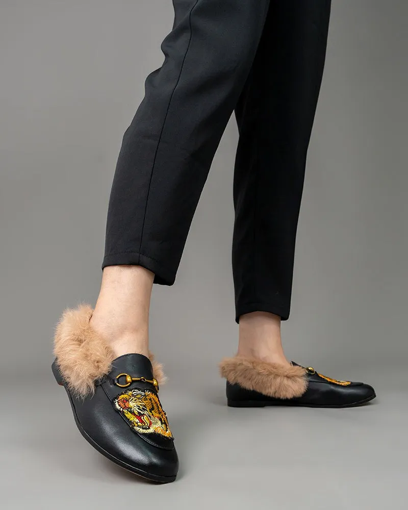 Classic Metal Buckle Embroidered Square Toe Fur Loafers