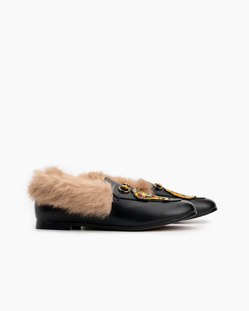 Classic Metal Buckle Embroidered Square Toe Fur Loafers