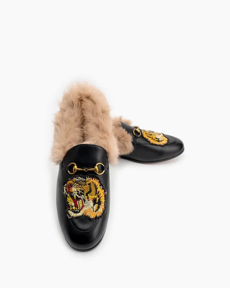 Classic Metal Buckle Embroidered Square Toe Fur Loafers