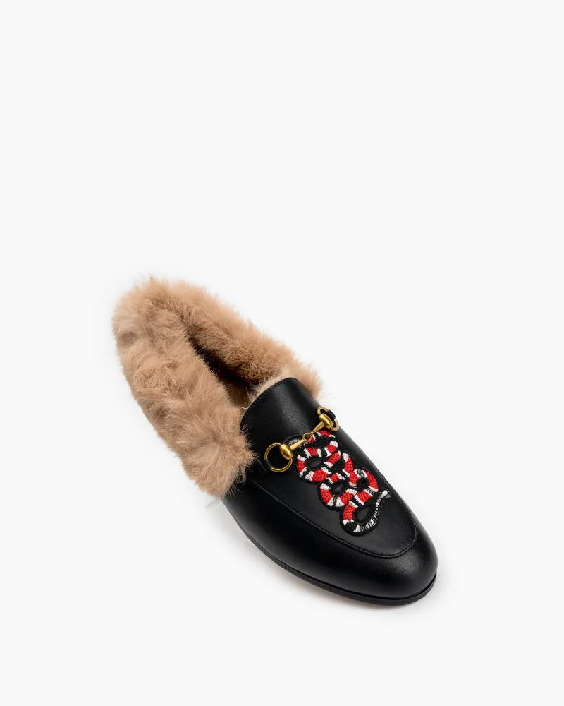 Classic Metal Buckle Embroidered Square Toe Fur Loafers