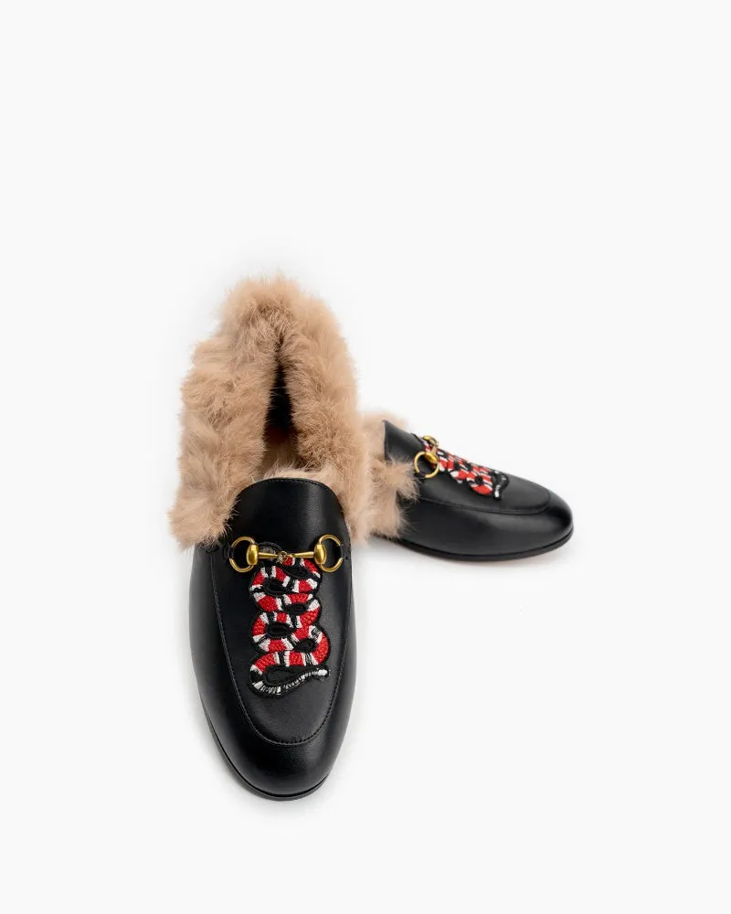 Classic Metal Buckle Embroidered Square Toe Fur Loafers