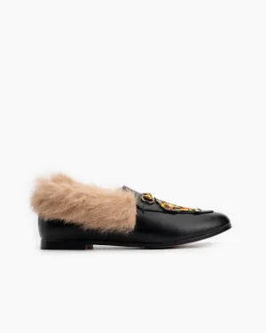 Classic Metal Buckle Embroidered Square Toe Fur Loafers