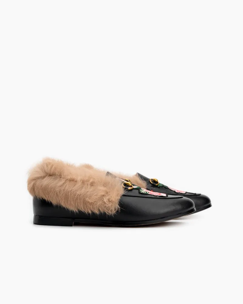 Classic Metal Buckle Embroidered Square Toe Fur Loafers