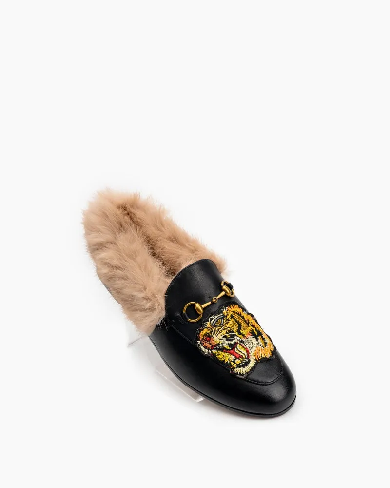 Classic Metal Buckle Embroidered Square Toe Fur Loafers